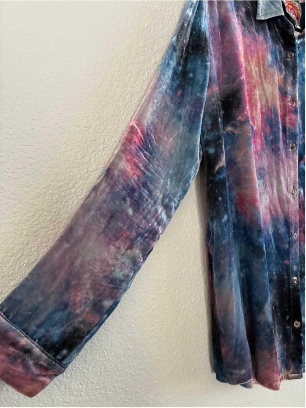 Women's Johnny Was Galaxy Print Button Down Shirt, Size S, Blue and Pink velvet - Picture 5 of 7
